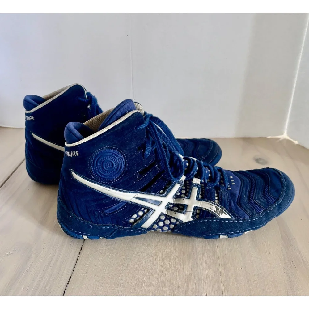 Asics Dan Gable Ultimate Wrestling Shoes Navy Blue Silver J500Y Mens Size 9.5